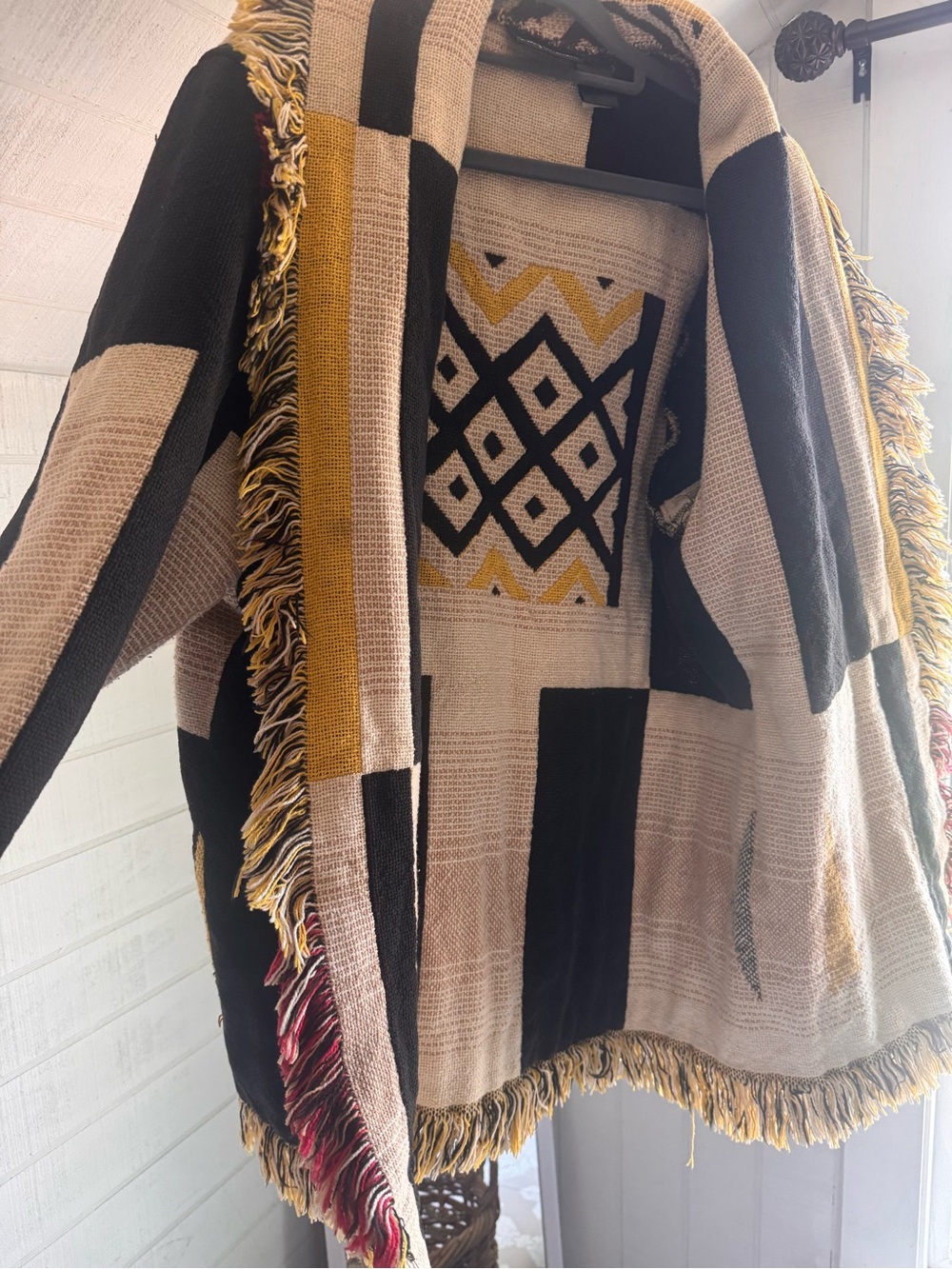 Fringed Geometric Tapestry Jacket - Black, Cream & Mustard
